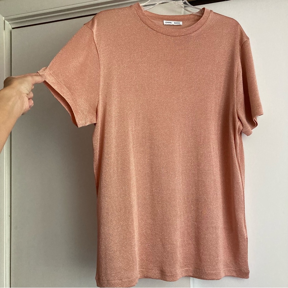 CMMN SWDN Pink Metallic Glittery Aramis Crew Neck T Shirt, Sz L **See Descript**